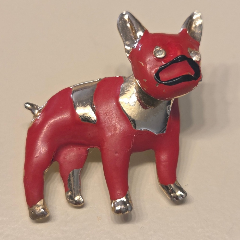 Vintage Red Enamel French Bulldog Gold Tone Bobblehead Brooch‎ Pin Dog Trembler